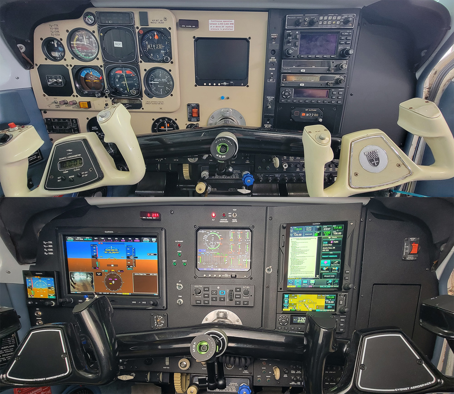 Before and after pic of an avionics installation on a Beechcraft